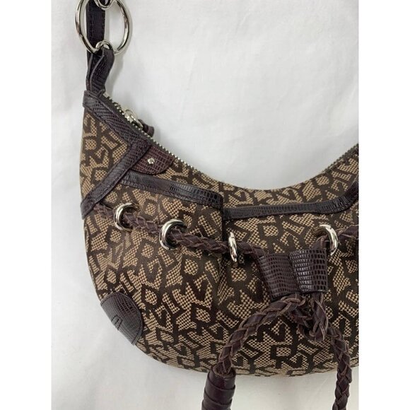 DKNY Signature Small Tassel Hobo Shoulder Bag - Brown/Tan Faux Leather/Canvas - Picture 2 of 8